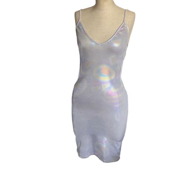 Holographic Mini Dress Tie Back, 80’s L.W. Sin-Sations body con sz s/m form fit - Picture 14 of 16